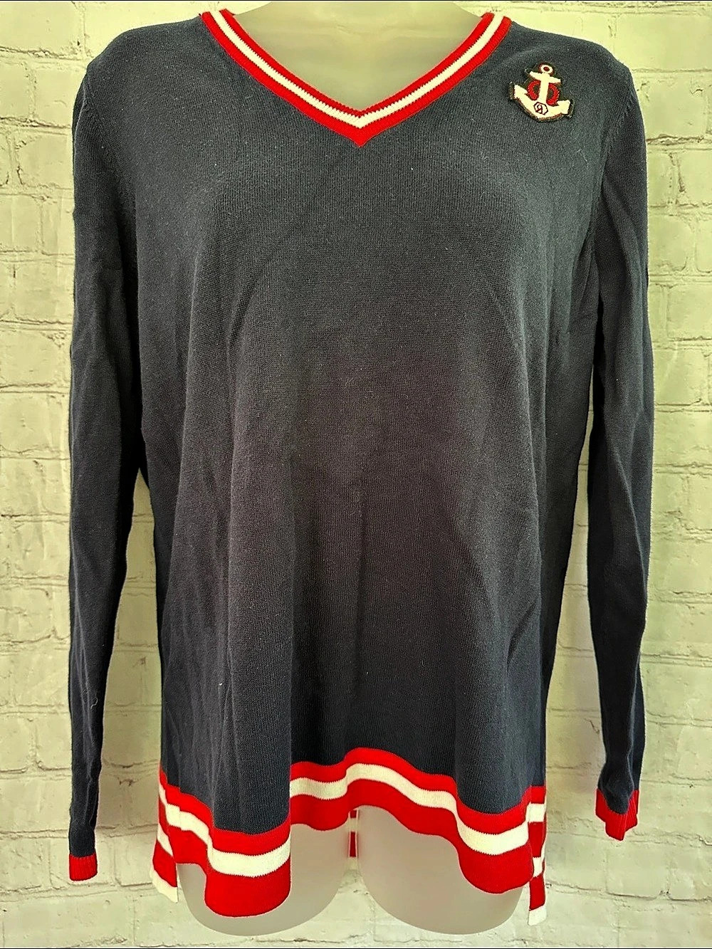 Crown & Ivy Anchor 100% Cotton V-Neck Sweater Women's Striped Size Medium